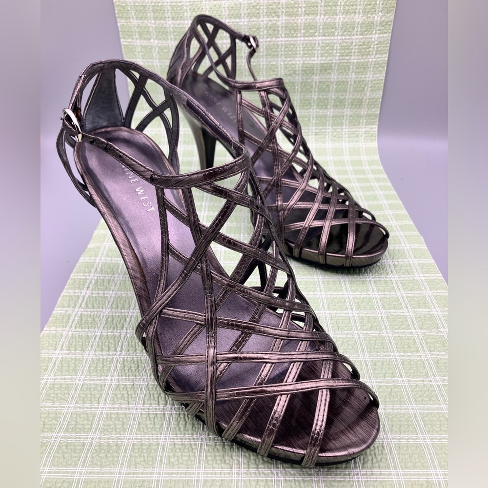 Nine West Strappy metallic silver heels